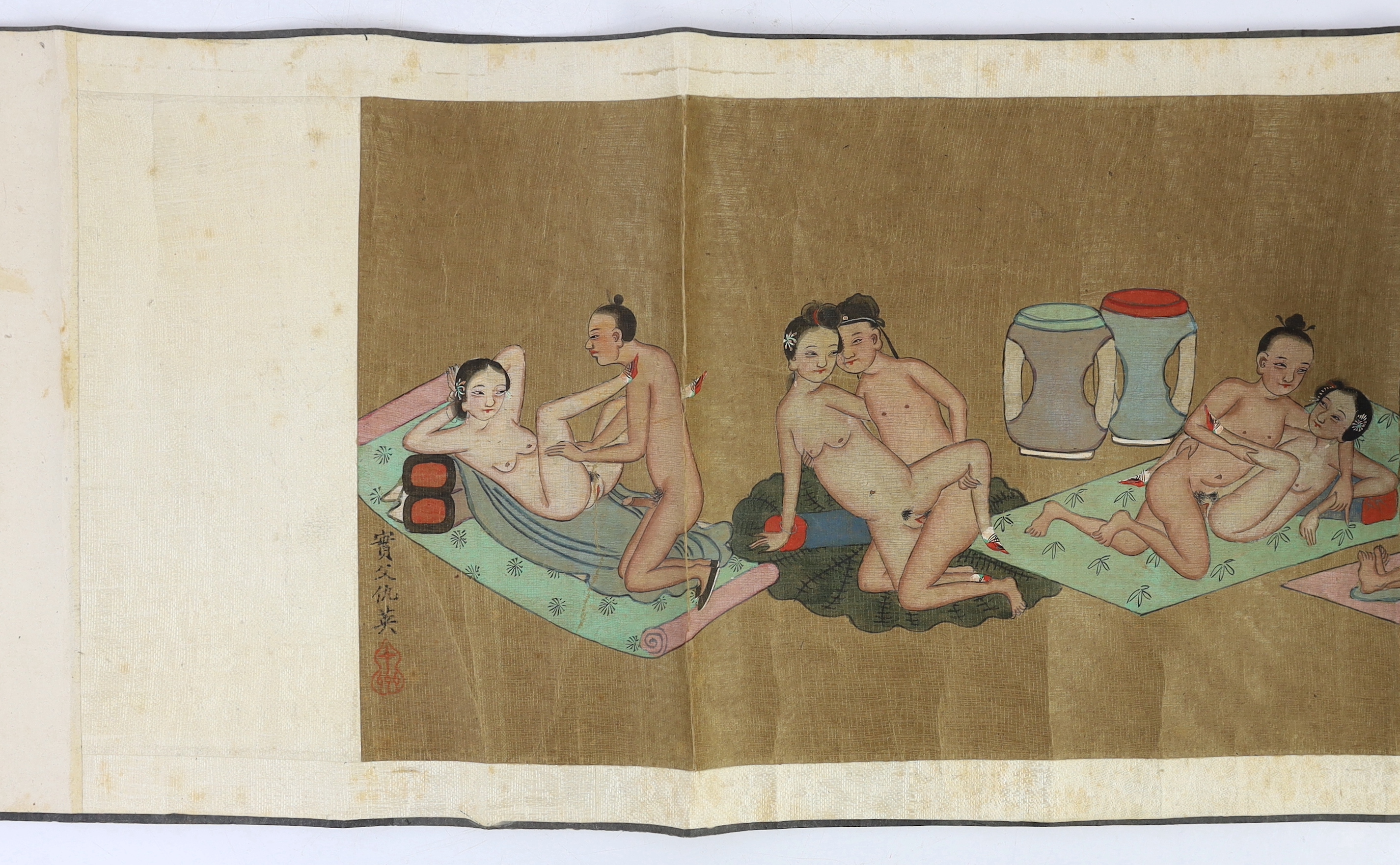 A Chinese erotic hand scroll on silk, early 20th century